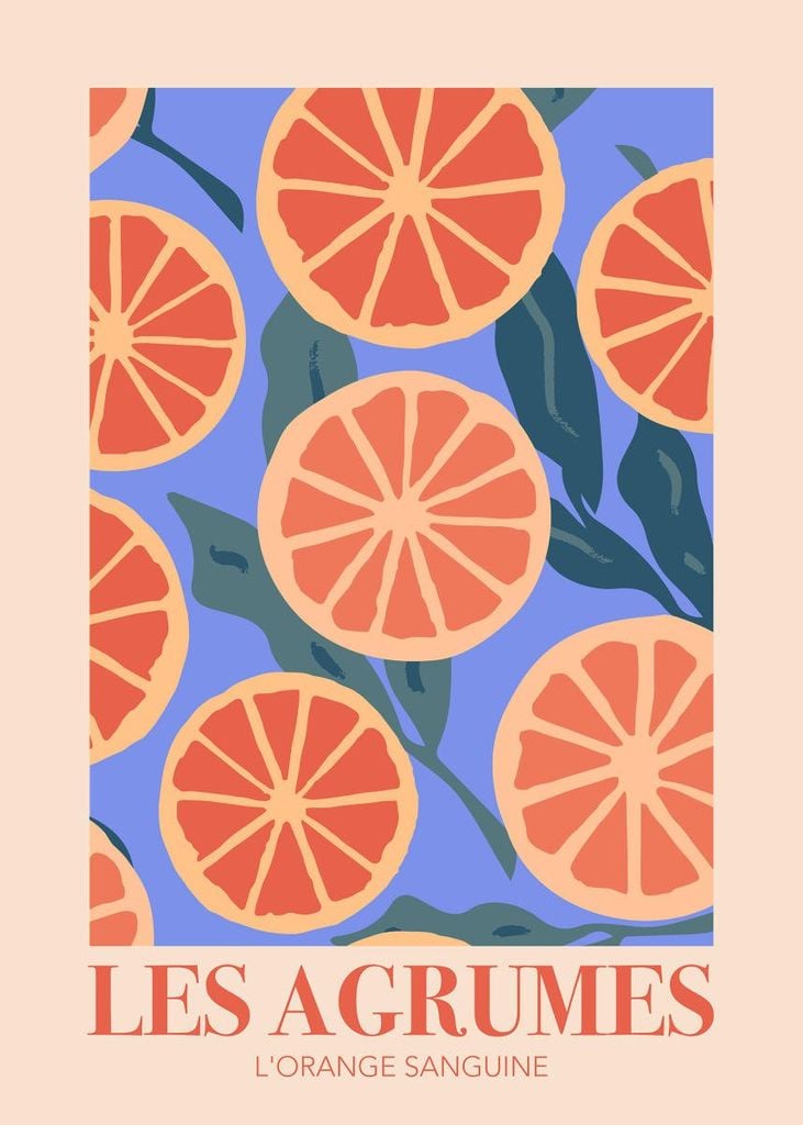 Dear Sam Grafik-Poster, Moderner Look für Zuhause, Orange, Blutorange, Muster, Obst, Les Agrumes, 50x70