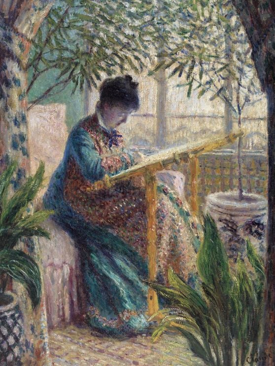 Madame Monet Embroidering By Monet