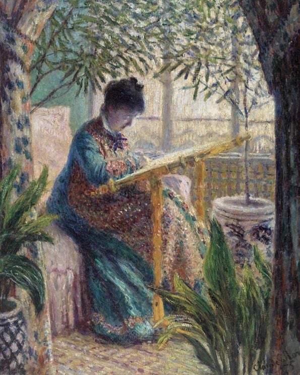 Madame Monet Embroidering By Monet